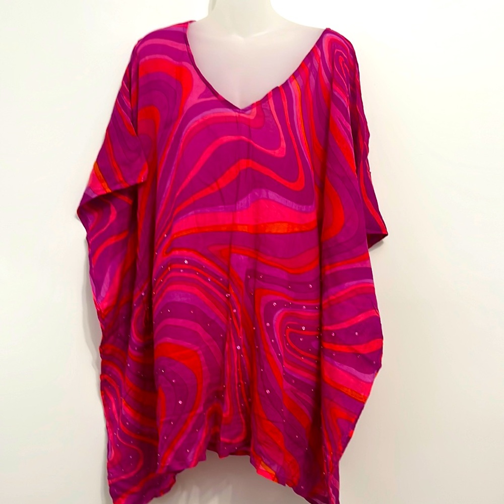 Swim cover poncho tunic with sequins and beads